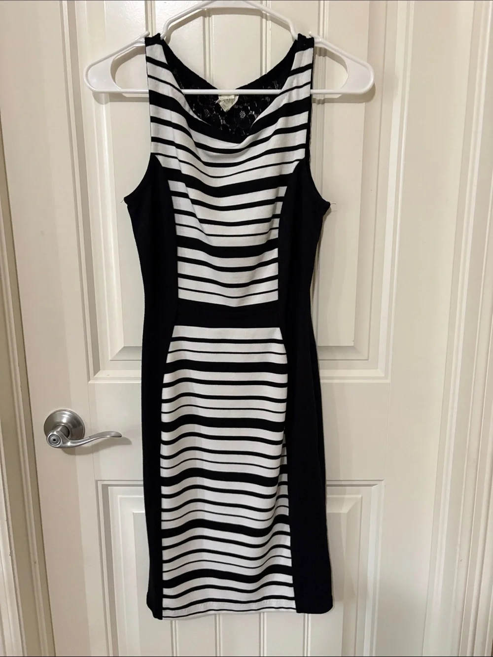 Weston Wear by Anthropologie Black and White Striped Sheath Dress with Lace Back
